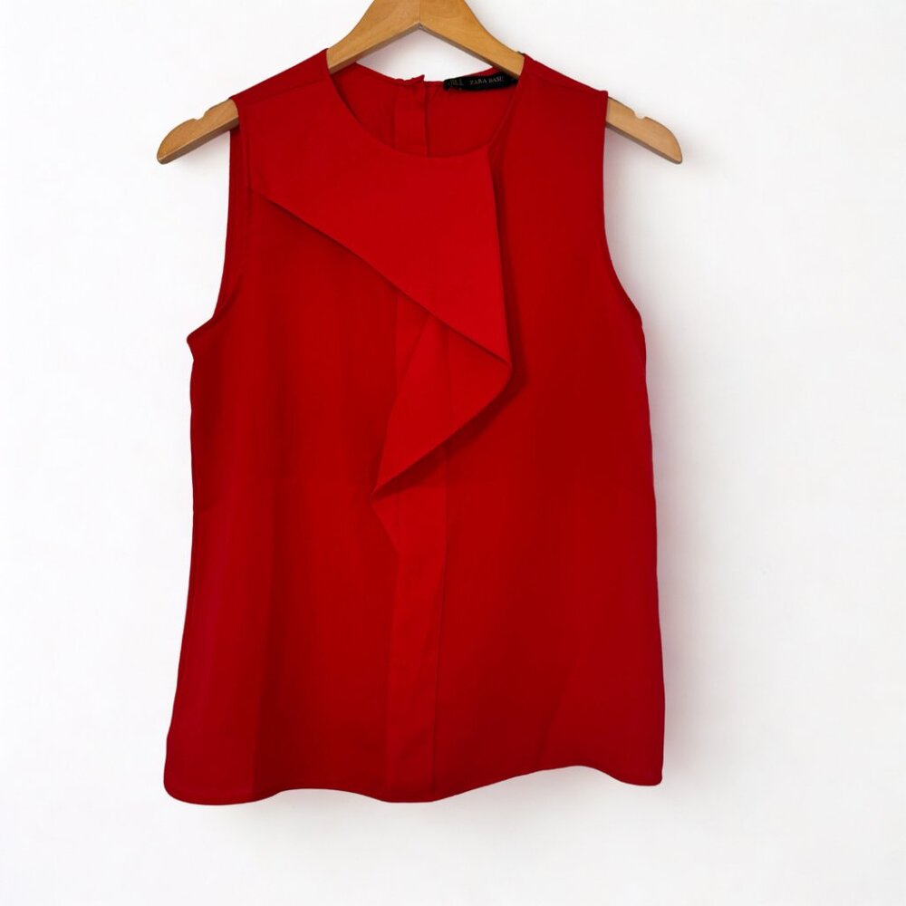 ZARA Red Sleeveless Blouse Small | Ruffle Front Button Back Work Top
